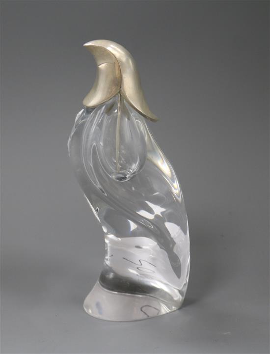 An Allan Scarff for Georg Jensen sterling silver mounted glass scent/perfume bottle, modelled as a bird, 16.5cm.